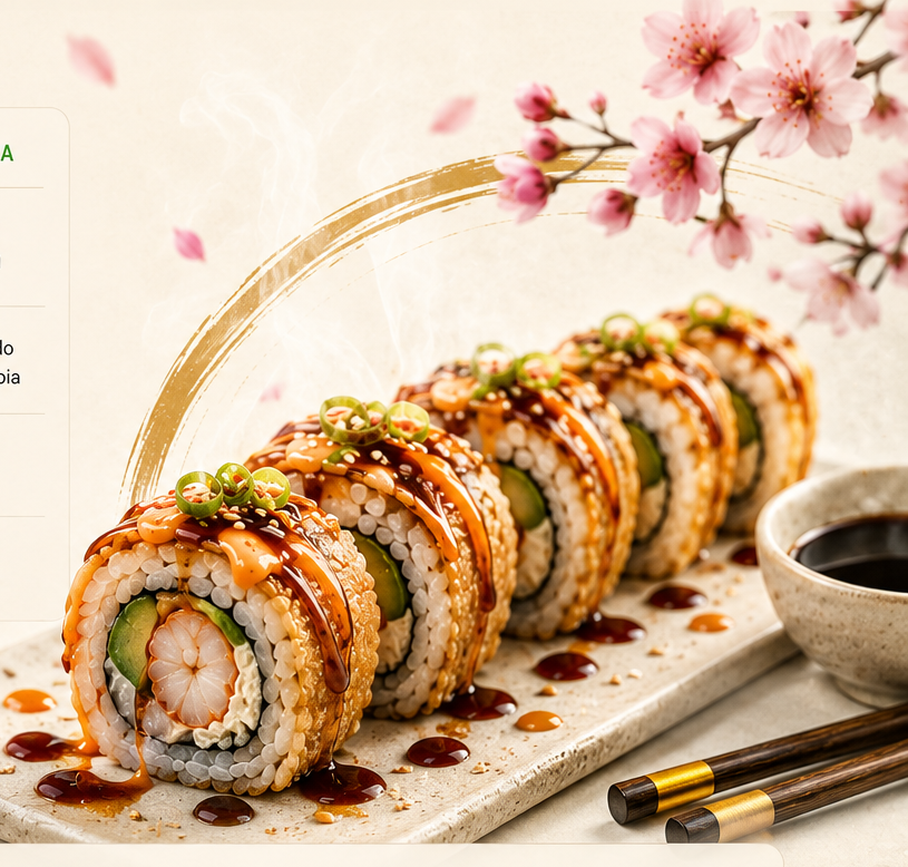 Makis de Adori Oriental Food servidos sobre plato claro con flores de cerezo